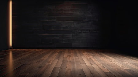 3d rendering of a dark room with wooden floor and brick wallの素材