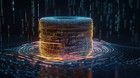 3D rendering of a hologram of a server with binary codeの素材