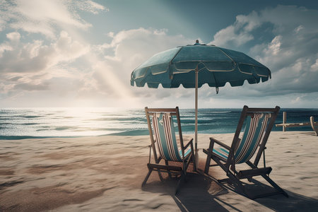 Beach chairs on the white sand beach with cloudy blue sky and sun. Chairs and umbrella on a beautiful tropical beach. Generative Ai.の素材