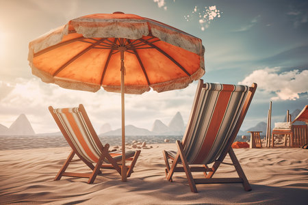 Beach chair and umbrella on the sand. 3d render.の素材