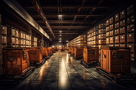 Interior of a warehouse with rows of shelves and rows of containersの素材