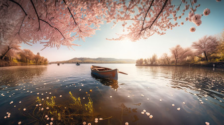 Cherry blossoms in full bloom on a lake with a boatの素材