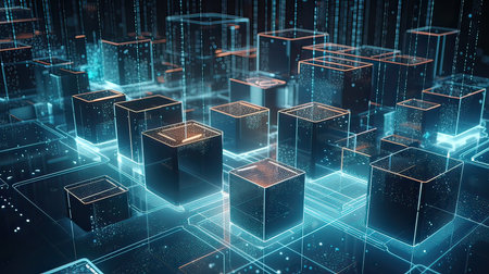 Abstract 3d render of cubes with binary code. Network concept.の素材