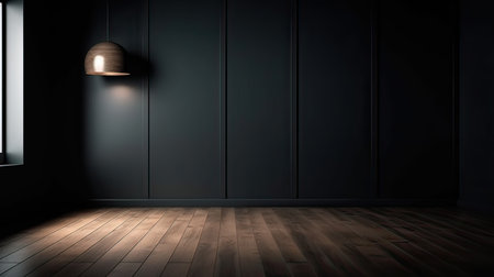 Dark room with wooden floor and a lamp. 3d rendering.の素材