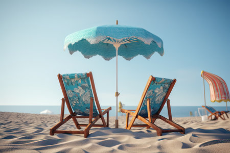 Beach chairs and umbrella on the sand against the blue sky.の素材