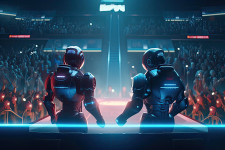 Two cyborgs fighting in the arena. 3D rendering.の素材