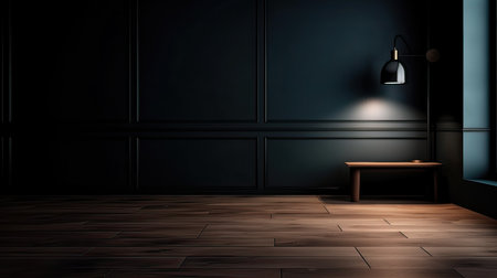 Dark room with wooden floor and black wall. 3D Renderingの素材