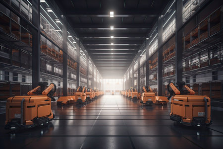 3D rendering of a warehouse with industrial equipment in a large warehouseの素材