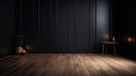 3D rendering of a dark room with a wooden floor and a black wallの素材