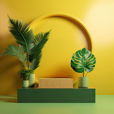 3d render of abstract minimal geometric forms. Glossy golden podium for product presentation with palm leaves and round frame on yellow background.の素材
