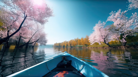 Beautiful spring landscape with cherry blossoms in the lake and boatの素材