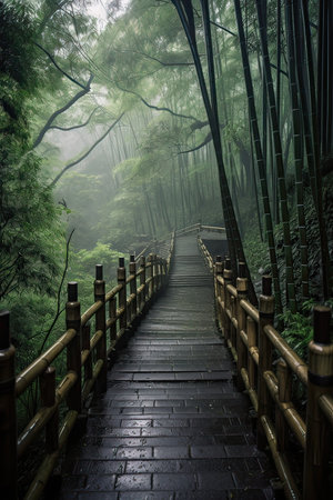 Walkway in the bamboo forest in foggy morning, Taipei, Taiwanの素材