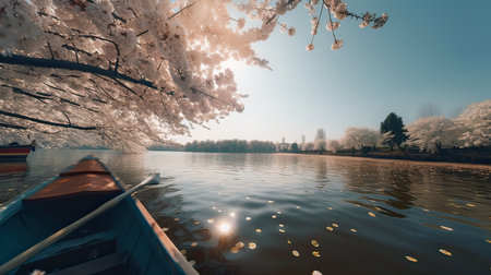 Cherry blossom and boat on the river in the morning.の素材