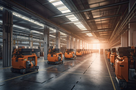 Forklift in the warehouse. Industrial background. 3d renderingの素材