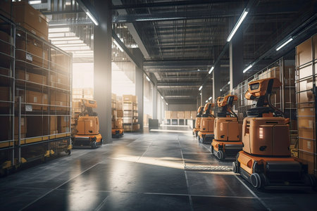 Smart warehouse robot working in warehouse. Industry and engineering concept. 3D Renderingの素材