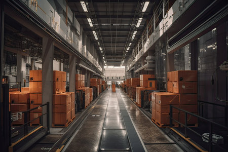 Interior of a warehouse with rows of cardboard boxes. Industrial backgroundの素材