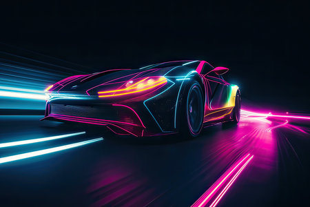 3D rendering of a brand-less generic concept car with neon lightsの素材