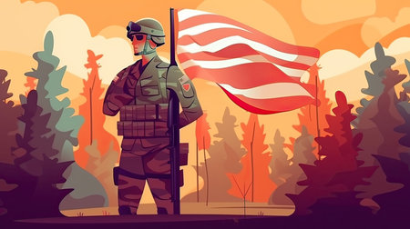 Soldier with US flag. Cartoon illustration of soldier with US flag vector background for web designの素材