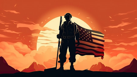 Soldier with USA flag on red sunset background. Vector illustration.の素材