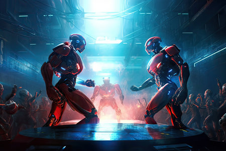 Futuristic cyborgs fighting in a dark room. 3D rendering.の素材
