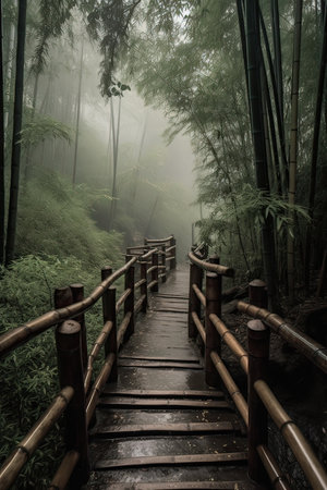 Wooden walkway in the bamboo forest with fog, Thailand.の素材