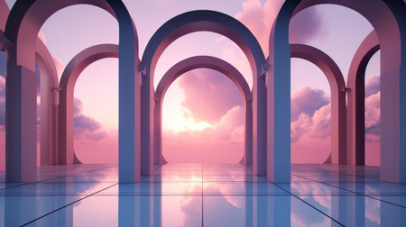 3d illustration of arched corridor with pink sky and clouds backgroundの素材