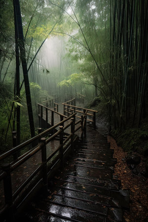 Wooden walkway in the bamboo forest, Taipei, Taiwanの素材