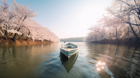 Frozen lake with boat in winter. Beautiful winter landscape with foggy treesの素材
