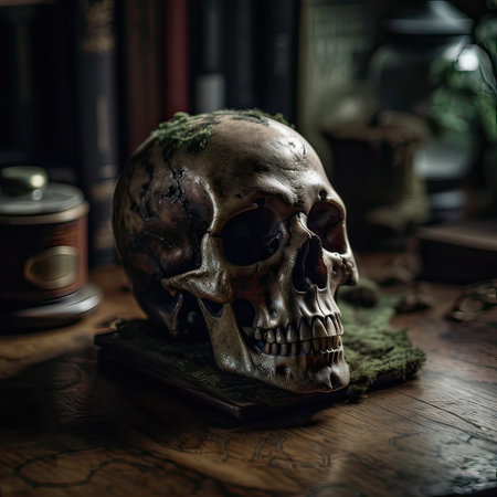 Still life with human skull and books on wooden table. Halloween concept.の素材