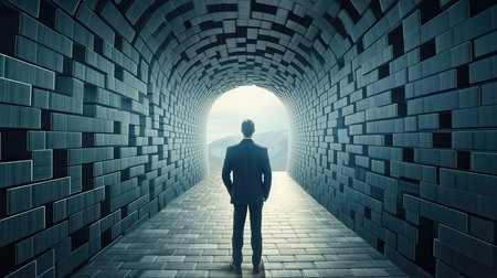 Businessman standing in tunnel and looking at the light at the endの素材