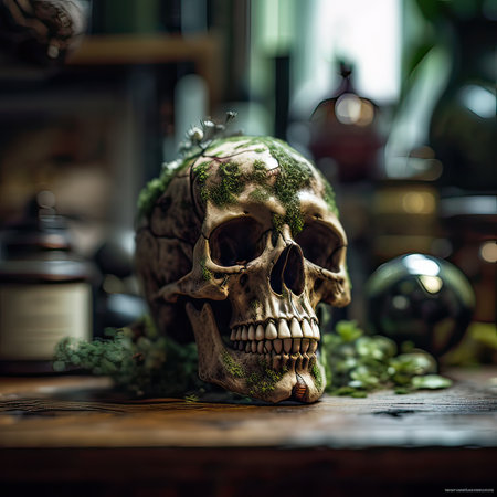 Still life with human skull on old wooden table. Halloween concept.の素材