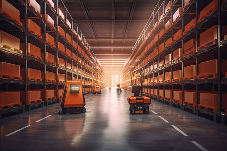 Warehouse with a lot of boxes and trolleys, tonedの素材