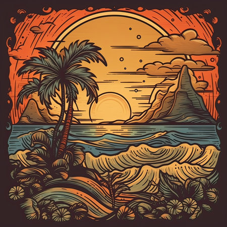Tropical beach with palm trees and sunset. Vector illustration.の素材