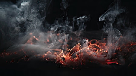 Fire flames on black background with smoke and smoldering coalsの素材