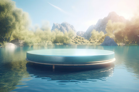 3d render of a round podium on the lake in the mountainsの素材