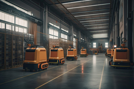 Forklift in factory warehouse. Industrial background. 3d renderingの素材