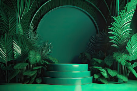 3d render of green minimal display podium with palm leaves and round frame.の素材