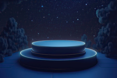3D render of a dark blue background with a round podium.の素材