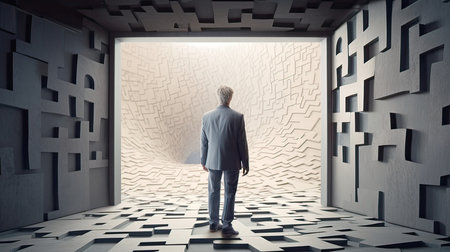 Businessman looking at the exit from the maze. 3D renderingの素材