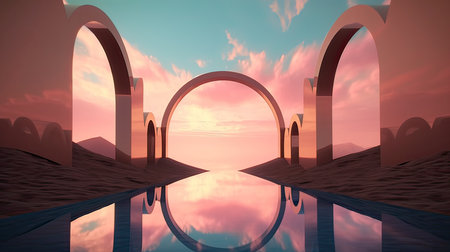 illustration of an Abstract summer landscape scene with geometric form. ocean beach view. 3d rendering. Generative Ai.の素材