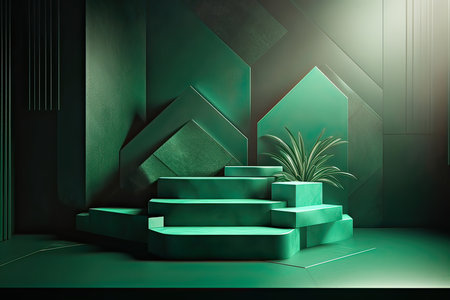 3d render, abstract background with green geometric shapes, podiumsの素材