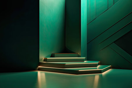 3D rendering of a dark green room with stairs and a doorの素材