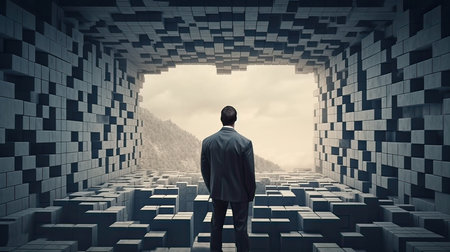 Businessman standing in front of a maze and looking at the exitの素材