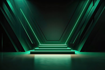 Abstract dark room with green neon light and stairs. 3D Renderingの素材