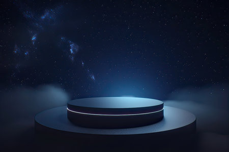 Black podium in the dark night with starry sky. 3d renderingの素材