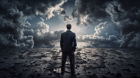 Rear view of businessman looking at cloudscape and standing on the groundの素材