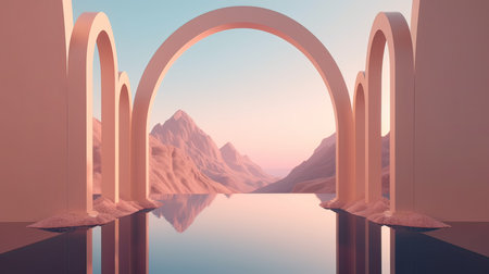 illustration of an Abstract summer landscape scene with geometric form. ocean beach view. 3d rendering. Generative Ai.の素材