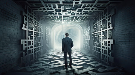 Rearview the businessman walking toward to concrete Maze. Businessman in front of a vast maze. Business and life concept. Generative Ai.の素材