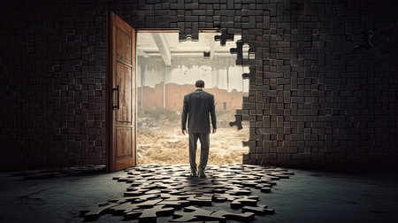 Businessman standing in front of opened door and puzzle pieces coming outの素材