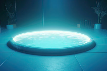 3D rendering of a modern bathroom interior with a round pool.の素材